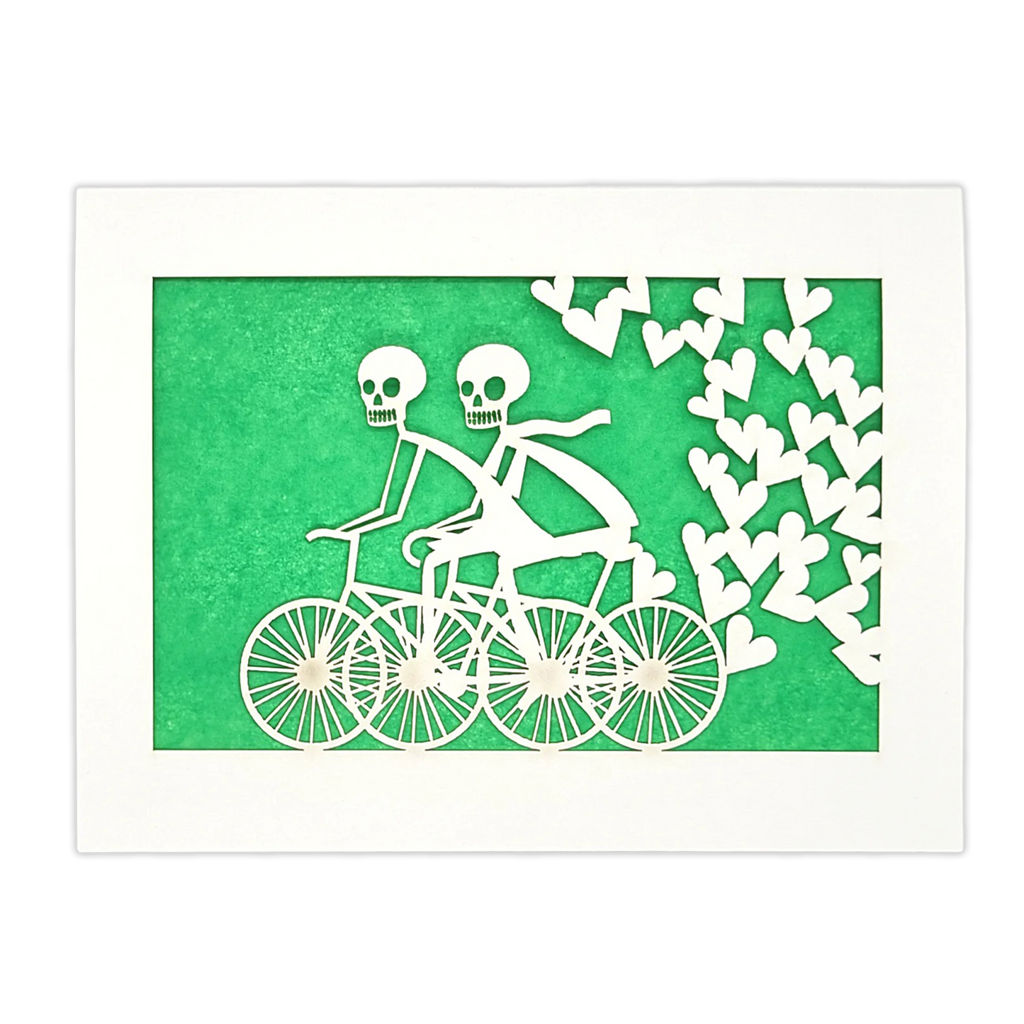 Papel Picado Greeting Card: Calaveras on a Bike - Green