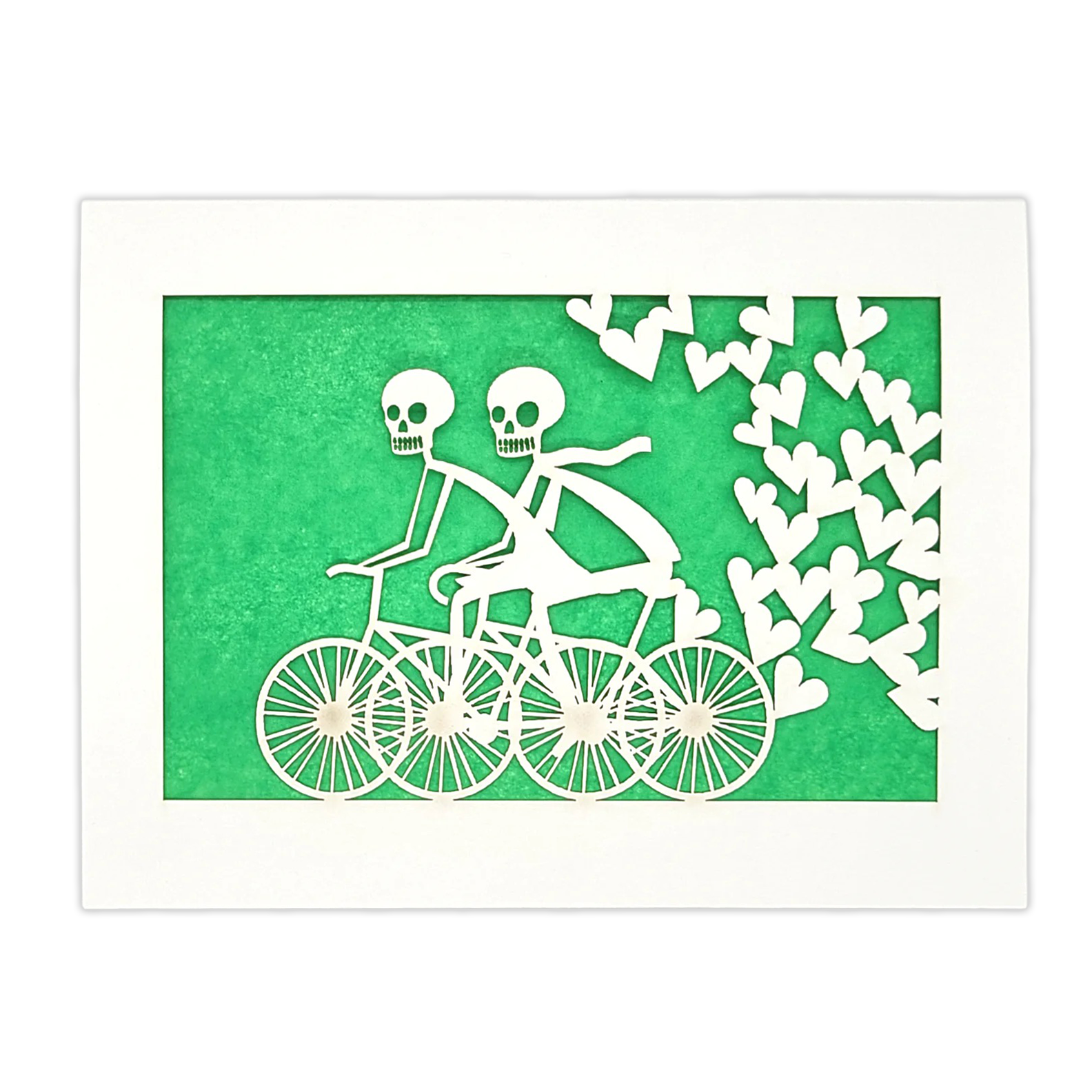 Papel Picado Greeting Card: Calaveras on a Bike - Green