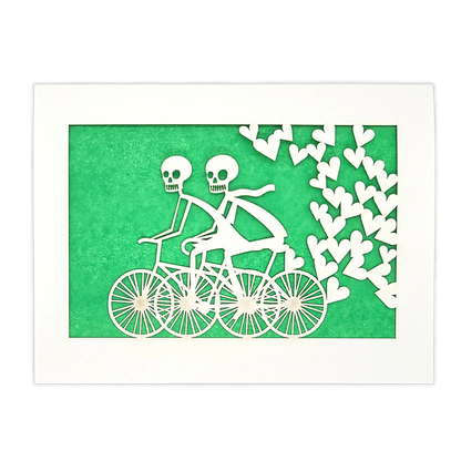 Papel Picado Greeting Card: Calaveras on a Bike - Green