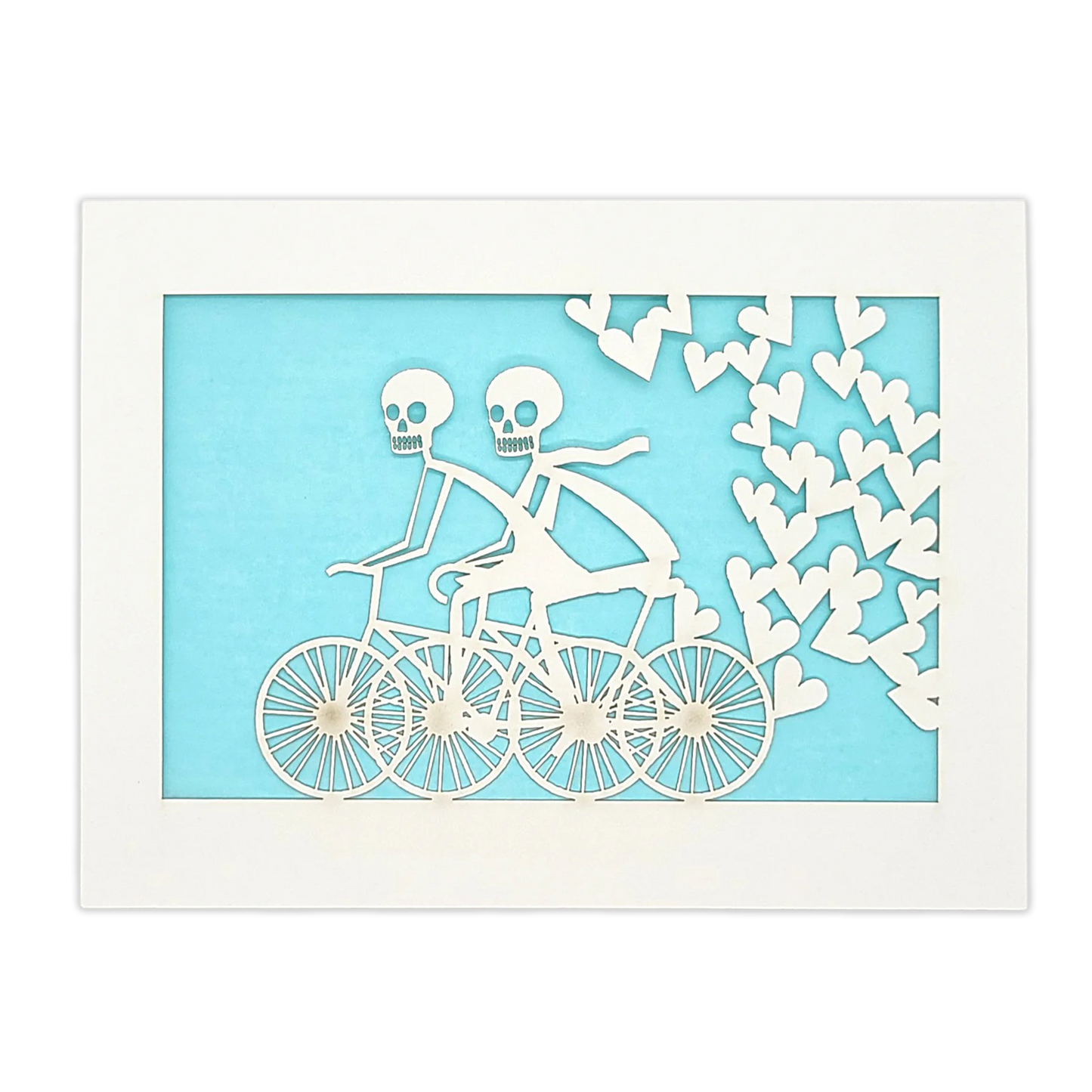 Papel Picado Greeting Card: Calaveras on a Bike - Light Blue