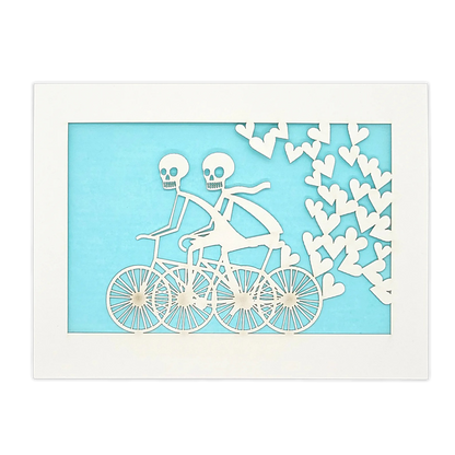 Papel Picado Greeting Card: Calaveras on a Bike - Light Blue