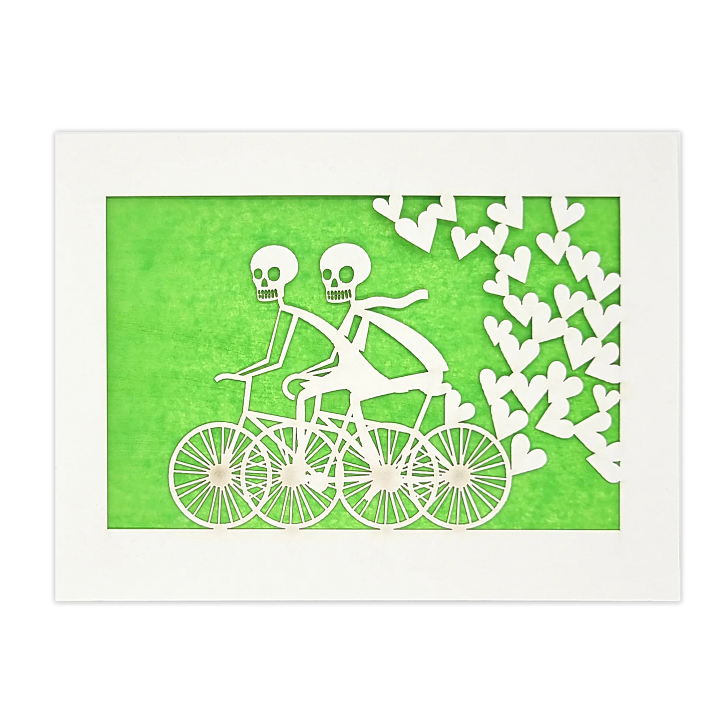 Papel Picado Greeting Card: Calaveras on a Bike - Lime