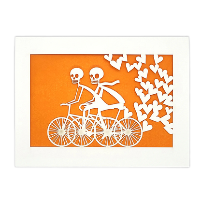 Papel Picado Greeting Card: Calaveras on a Bike - Orange