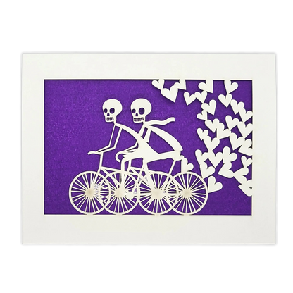 Papel Picado Greeting Card: Calaveras on a Bike - Purple