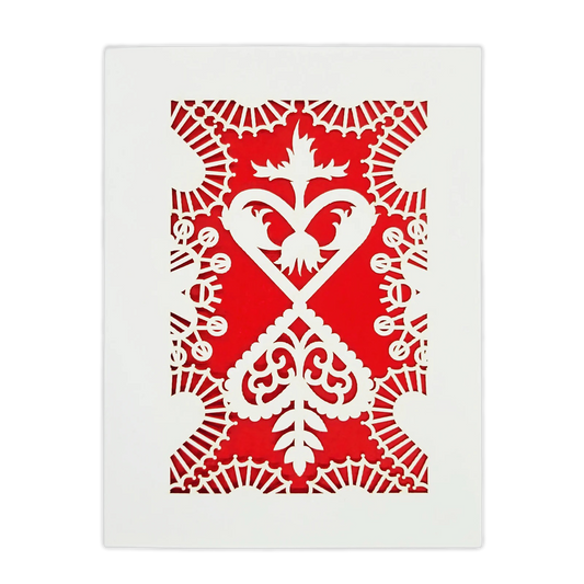 Papel Picado Greeting Card: Converging Hearts Red