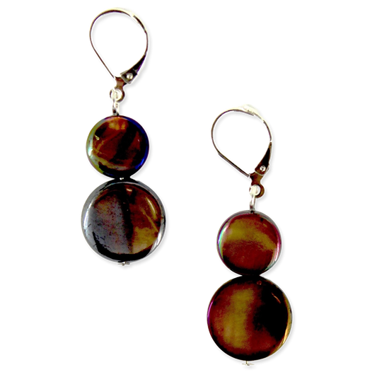 Pair of earrings with brown and black circular stones on a white background
