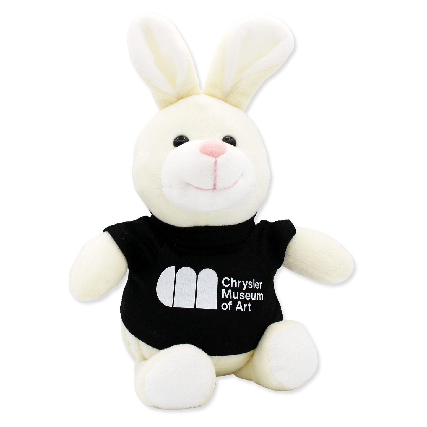 Plush rabbit toy wearing a black shirt with 'Chrysler Museum of Art' logo on a white background