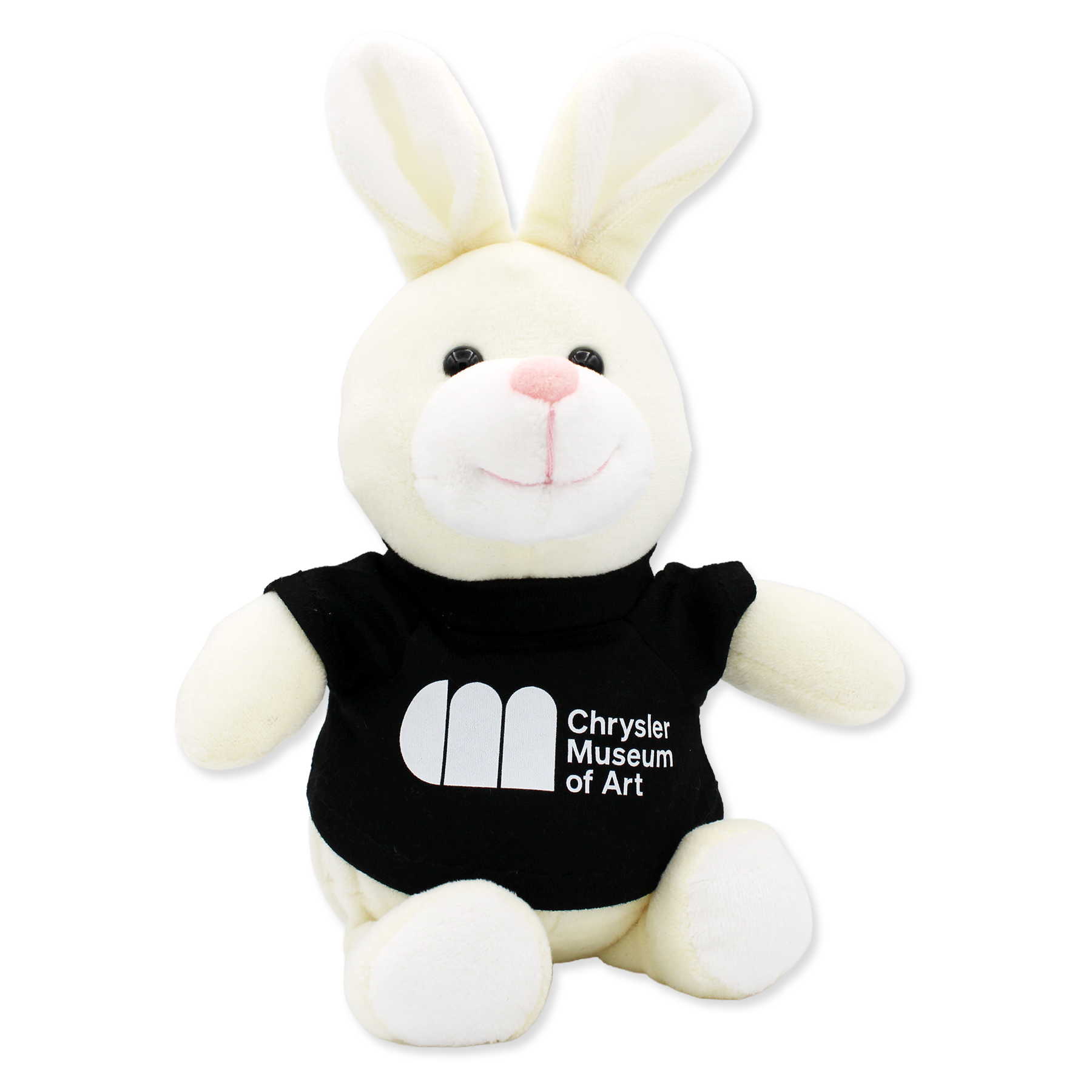 Plush rabbit toy wearing a black shirt with 'Chrysler Museum of Art' logo on a white background