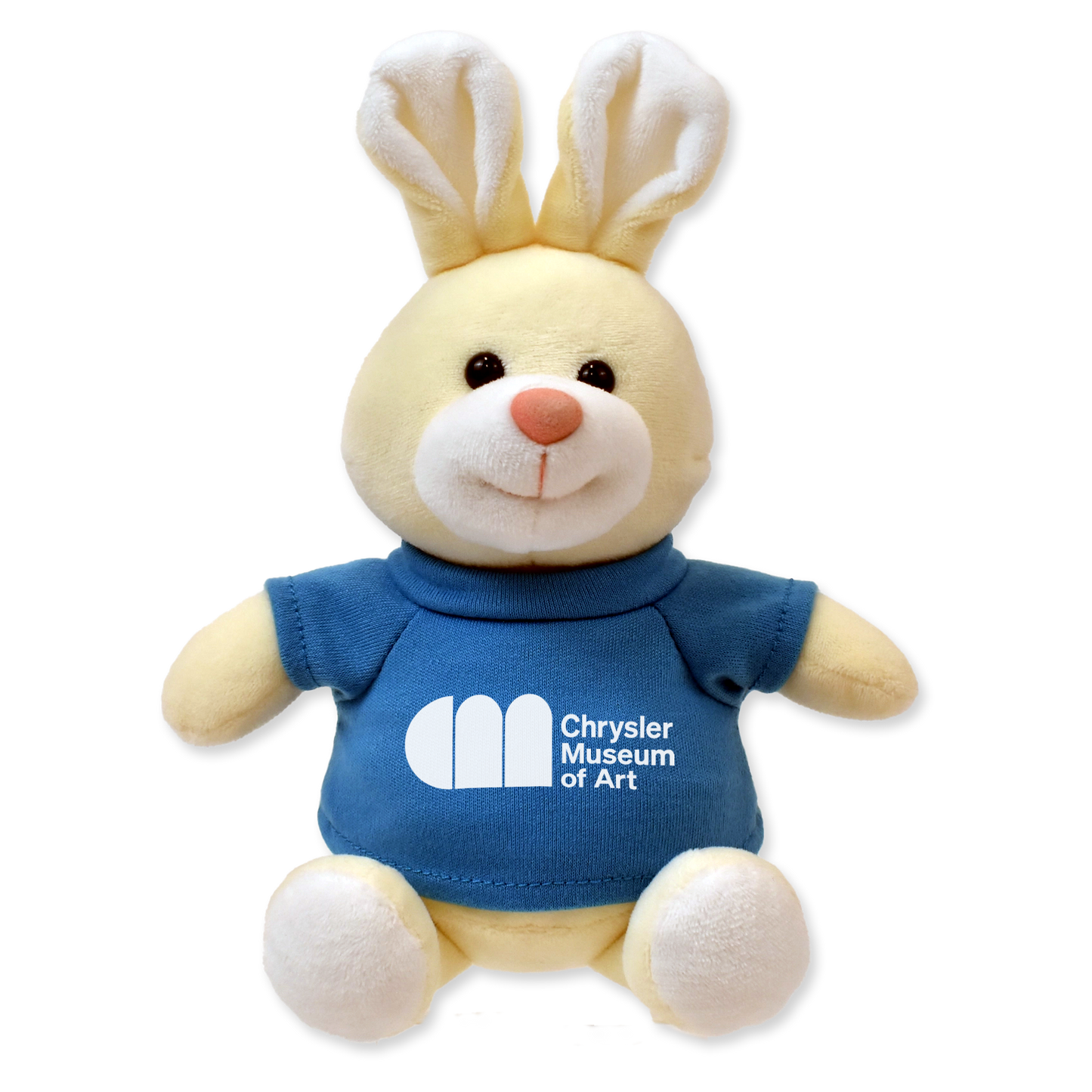 Plush toy rabbit with a blue shirt featuring the Chrysler Museum of Art logo on a white background