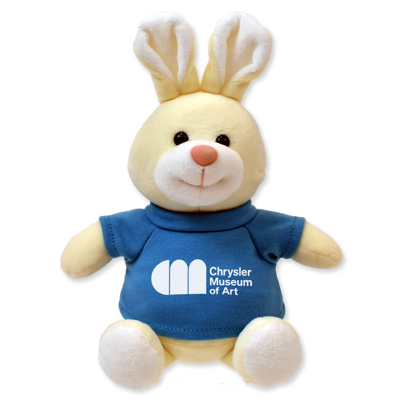 Plush toy rabbit with a blue shirt featuring the Chrysler Museum of Art logo on a white background