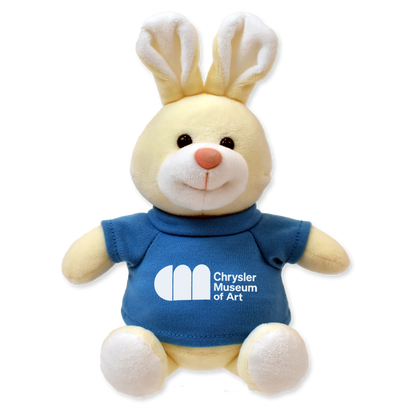 Plush toy rabbit with a blue shirt featuring the Chrysler Museum of Art logo on a white background