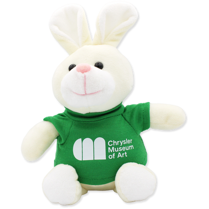 Plush toy rabbit with a green shirt featuring the Chrysler Museum of Art logo on a white background