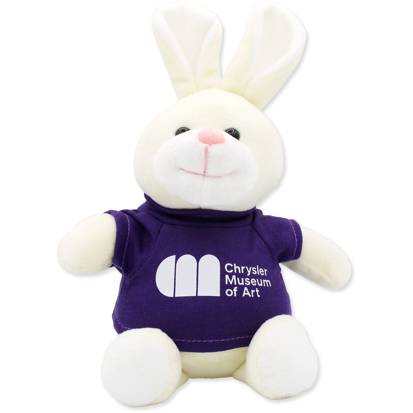 Plush bunny toy wearing a purple shirt with 'Chrysler Museum of Art' logo on a white background