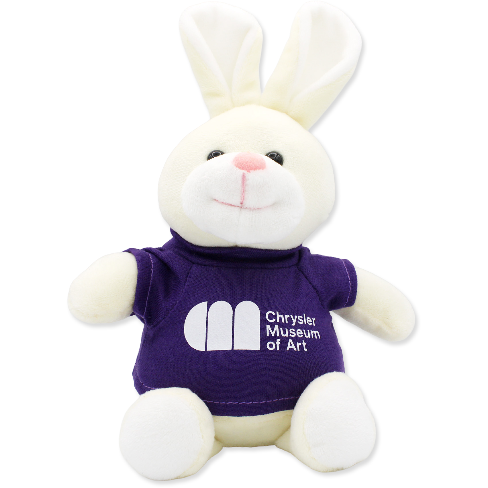 Plush bunny toy wearing a purple shirt with 'Chrysler Museum of Art' logo on a white background