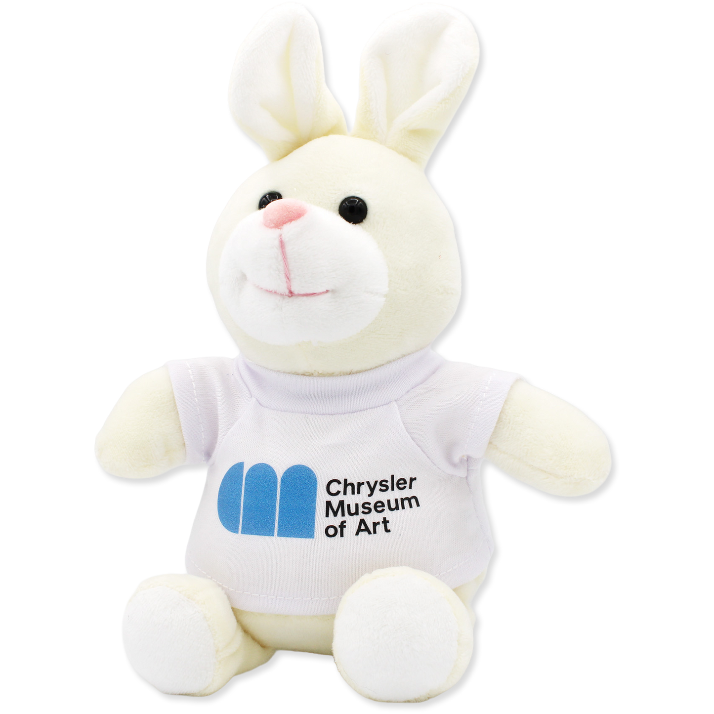 Plush rabbit toy with Chrysler Museum of Art logo on a white background