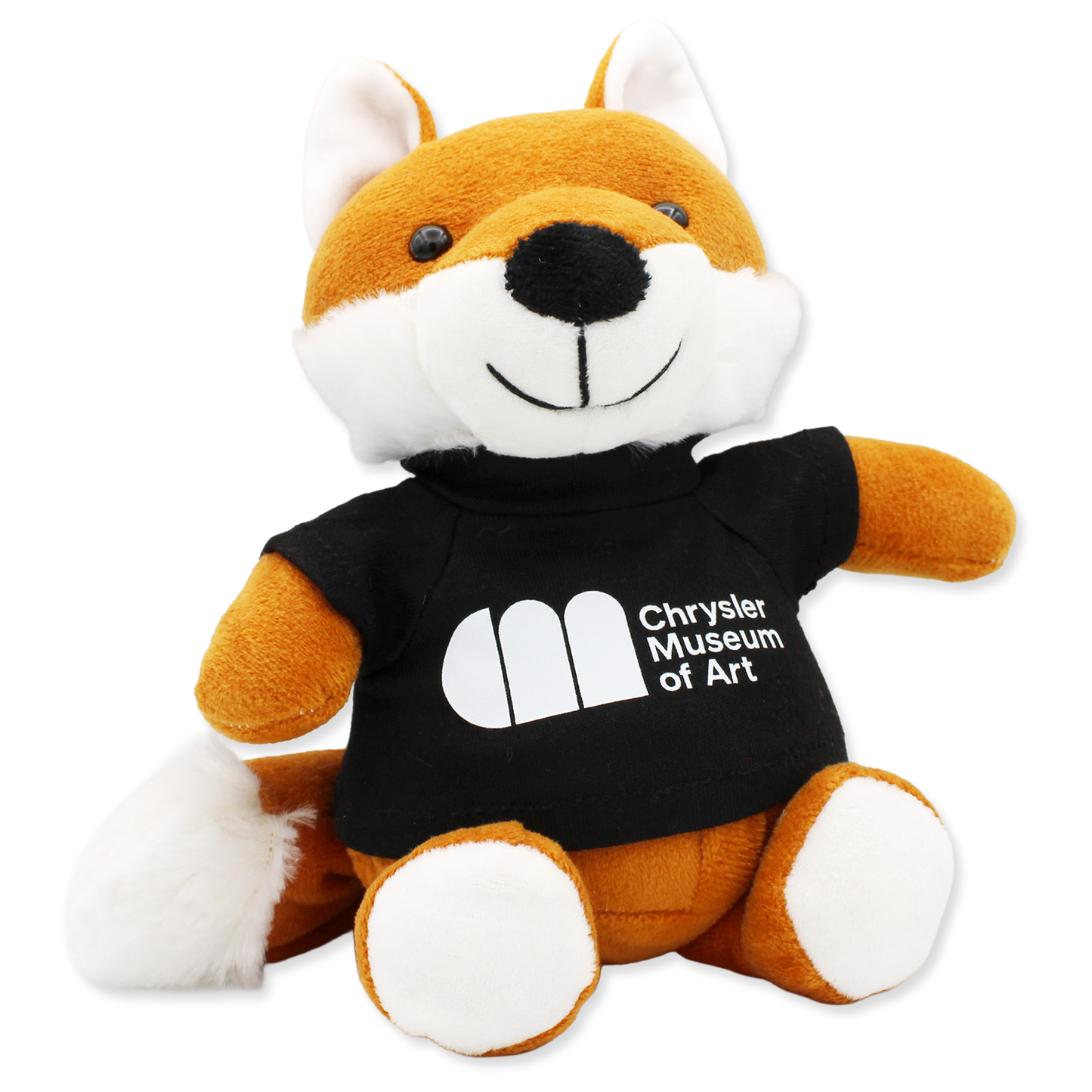 Plush fox toy wearing a black t-shirt with 'Chrysler Museum of Art' logo on a white background