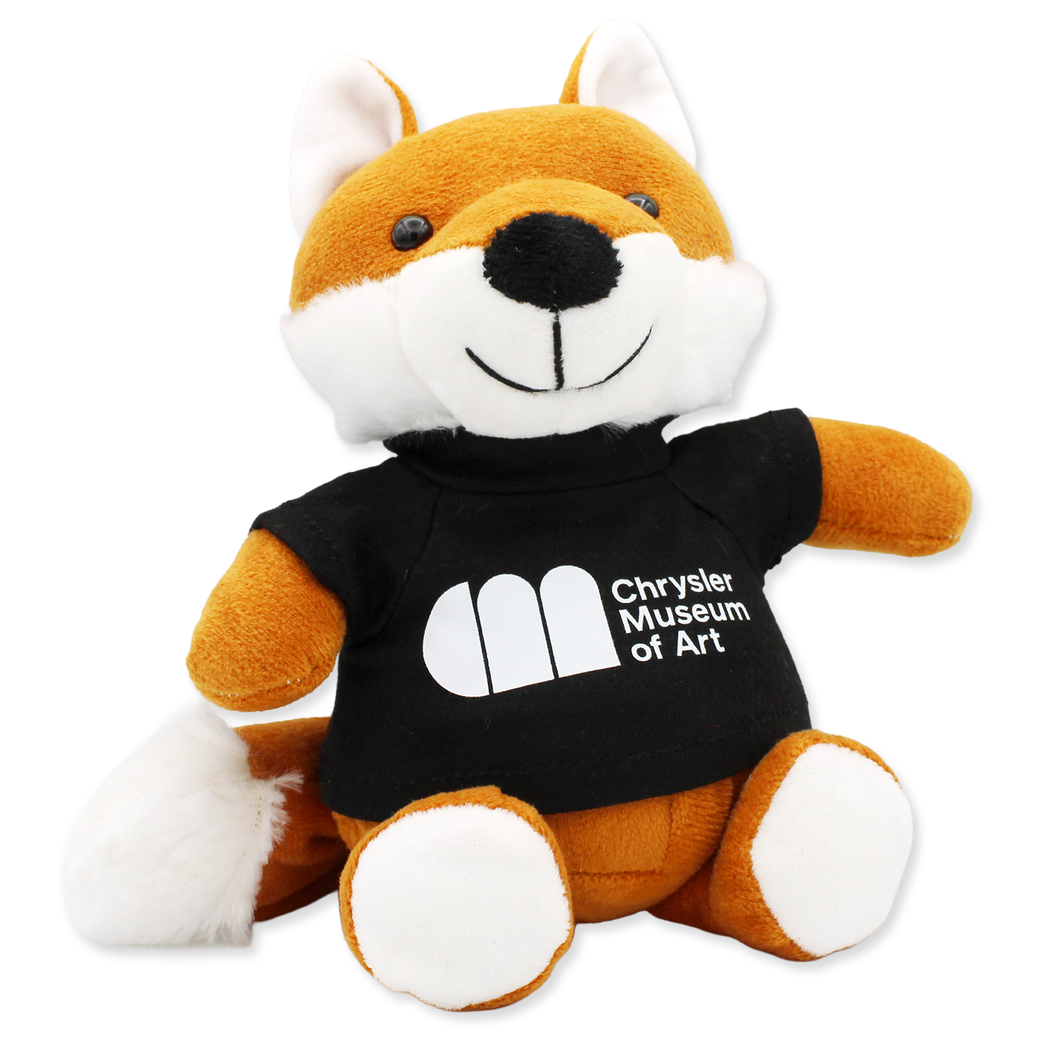 Plush fox toy wearing a black t-shirt with 'Chrysler Museum of Art' logo on a white background
