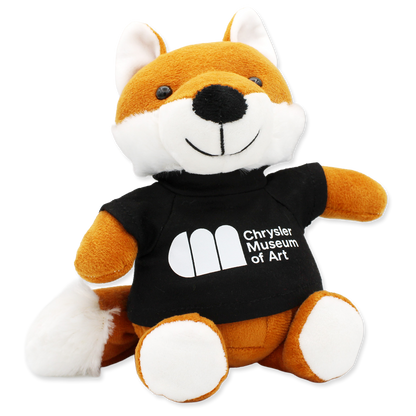 Plush fox toy wearing a black t-shirt with 'Chrysler Museum of Art' logo on a white background