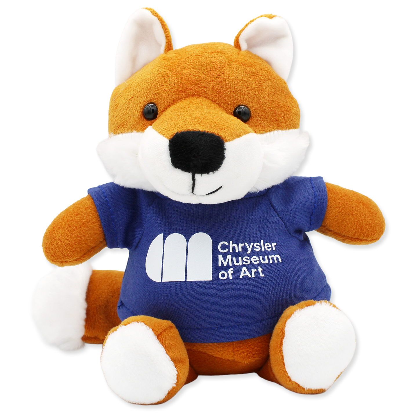 Plush fox toy wearing a blue shirt with Chrysler Museum of Art logo on a white background
