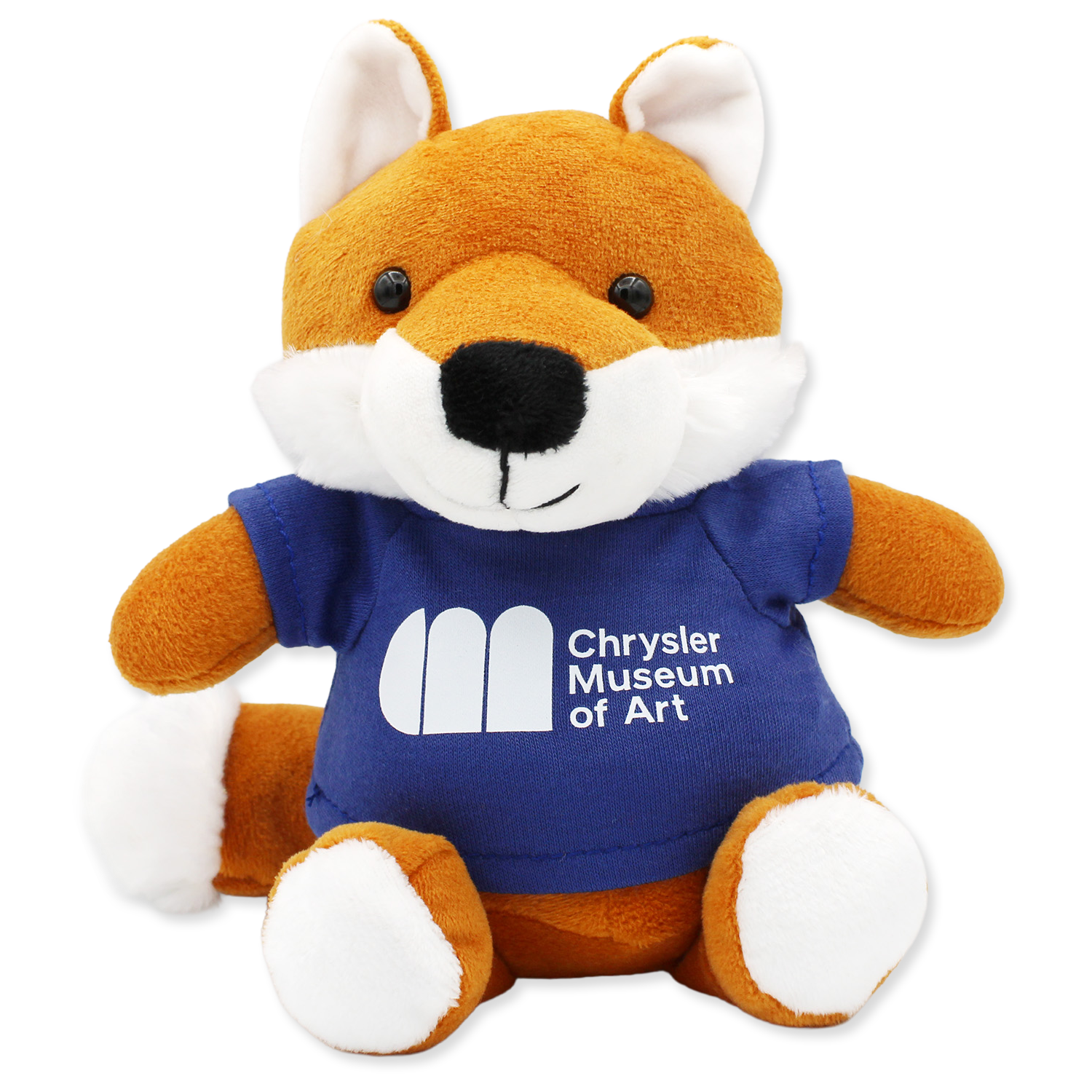 Plush fox toy wearing a blue shirt with Chrysler Museum of Art logo on a white background