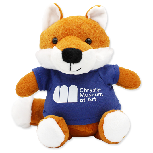 Plush fox toy wearing a blue shirt with Chrysler Museum of Art logo on a white background