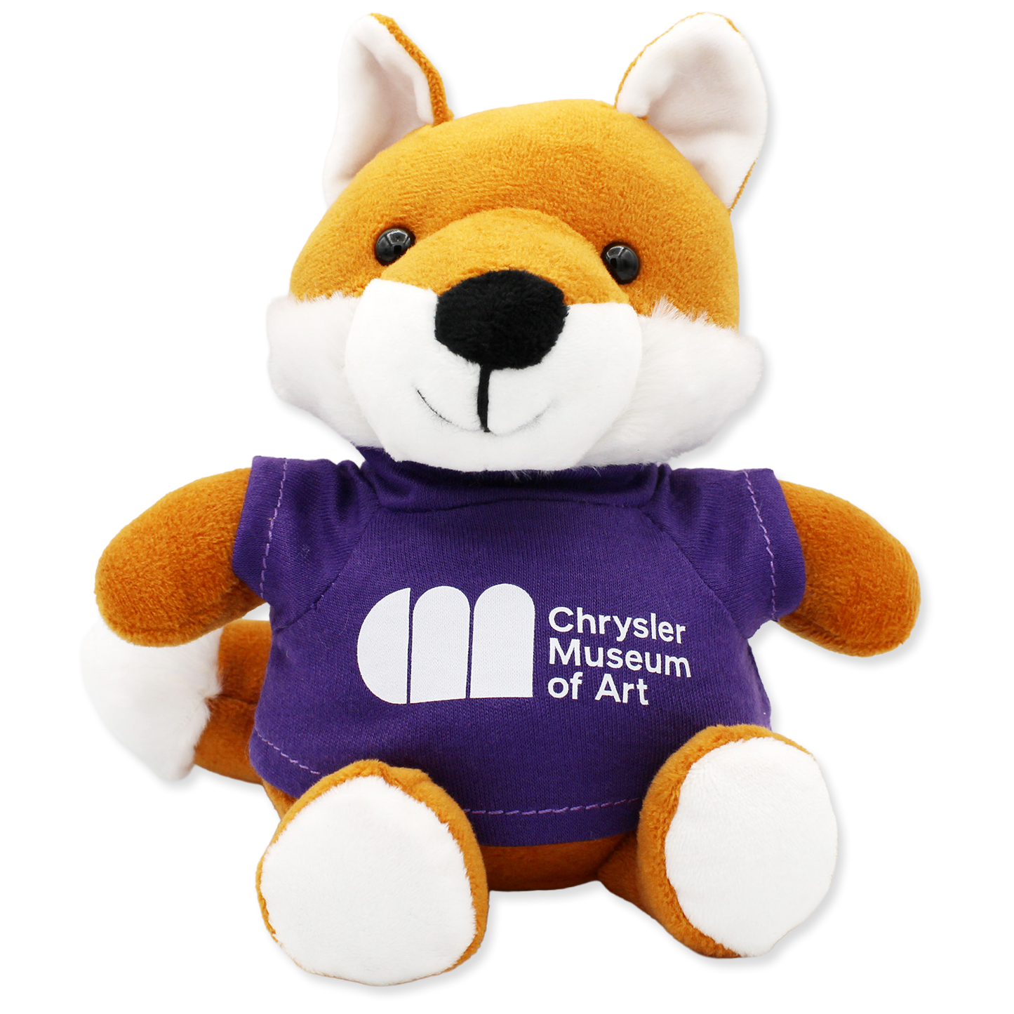 Plush toy fox wearing a purple shirt with 'Chrysler Museum of Art' logo on a white background