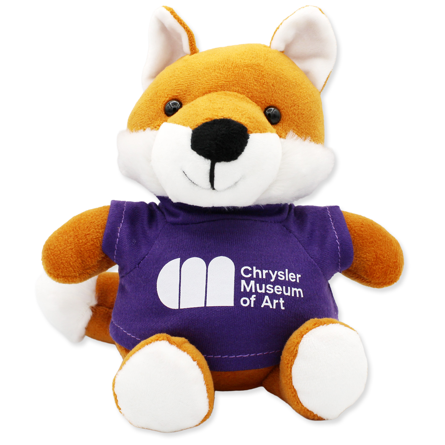 Plush toy fox wearing a purple shirt with 'Chrysler Museum of Art' logo on a white background