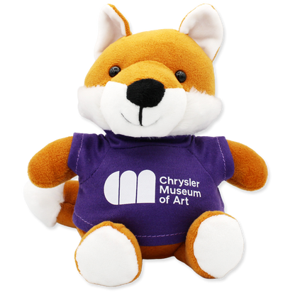 Plush toy fox wearing a purple shirt with 'Chrysler Museum of Art' logo on a white background