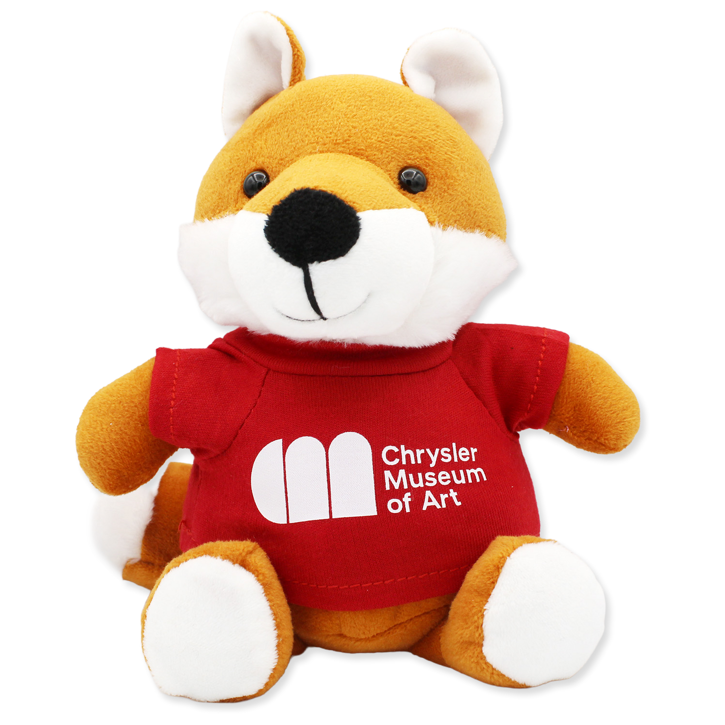 Plush toy fox wearing a red shirt with 'Chrysler Museum of Art' logo on a white background
