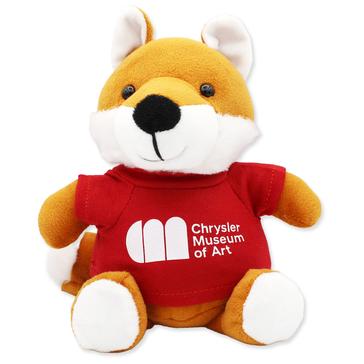 Plush toy fox wearing a red shirt with 'Chrysler Museum of Art' logo on a white background