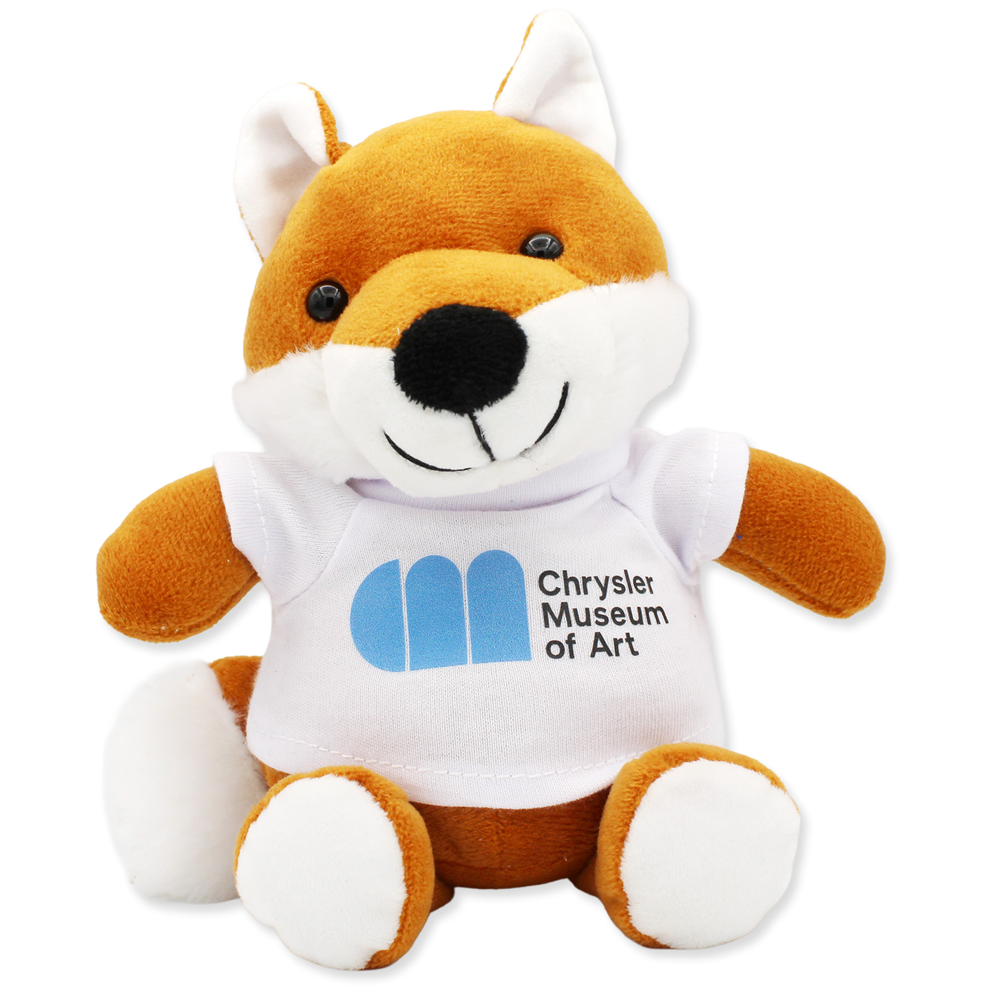 Plush toy fox wearing a shirt with the Chrysler Museum of Art logo on a white background