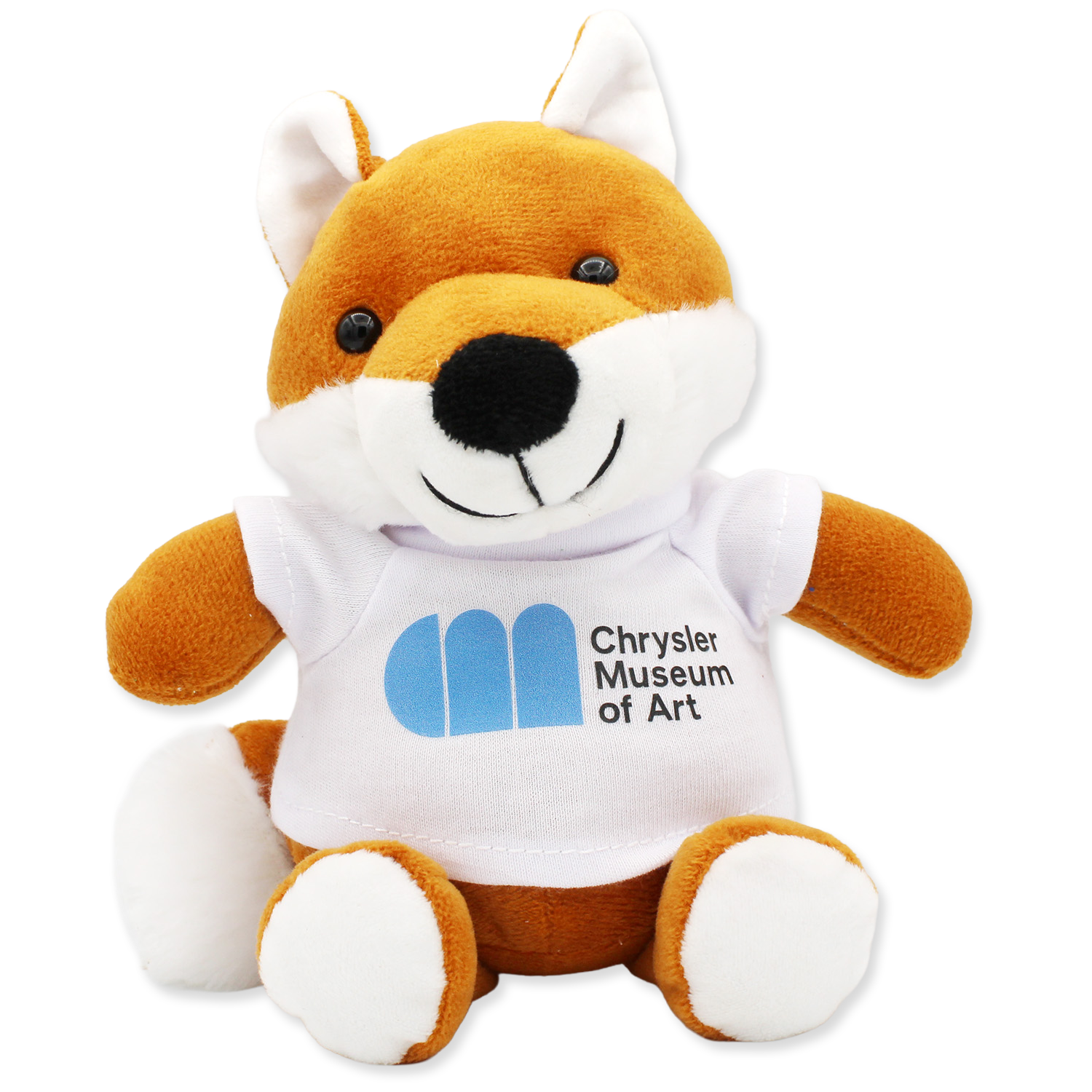 Plush toy fox wearing a shirt with the Chrysler Museum of Art logo on a white background