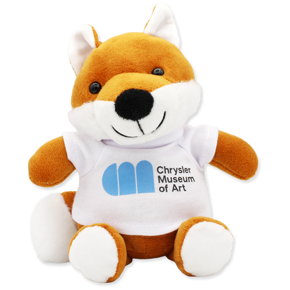 Plush toy fox wearing a shirt with the Chrysler Museum of Art logo on a white background