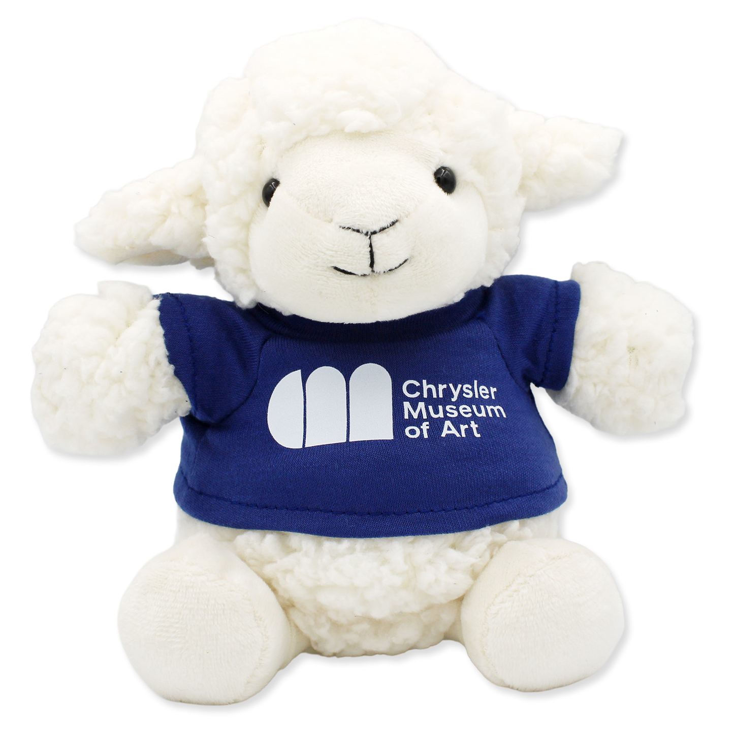 White plush lamb toy wearing a blue shirt with 'Chrysler Museum of Art' logo on a white background