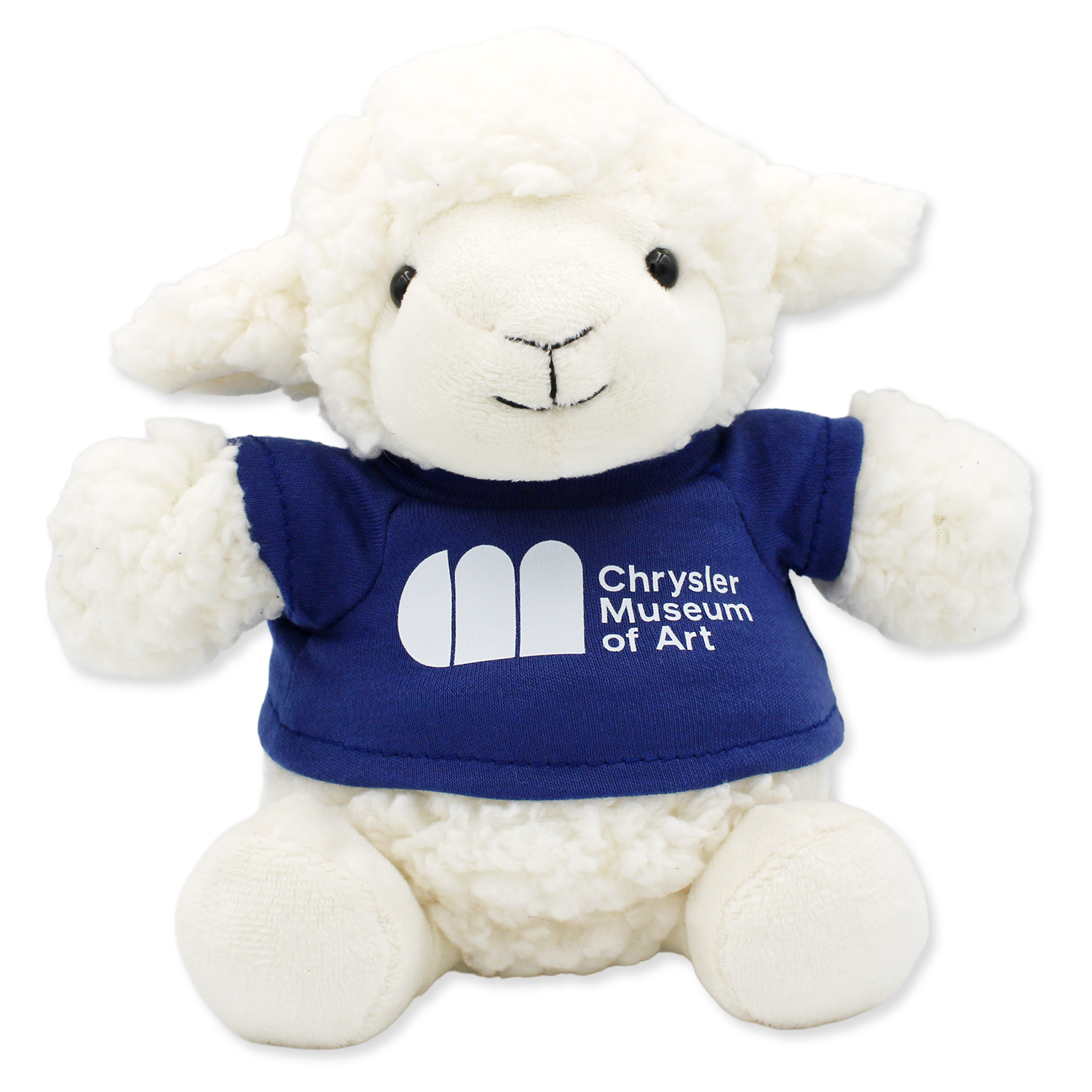 White plush lamb toy wearing a blue shirt with 'Chrysler Museum of Art' logo on a white background