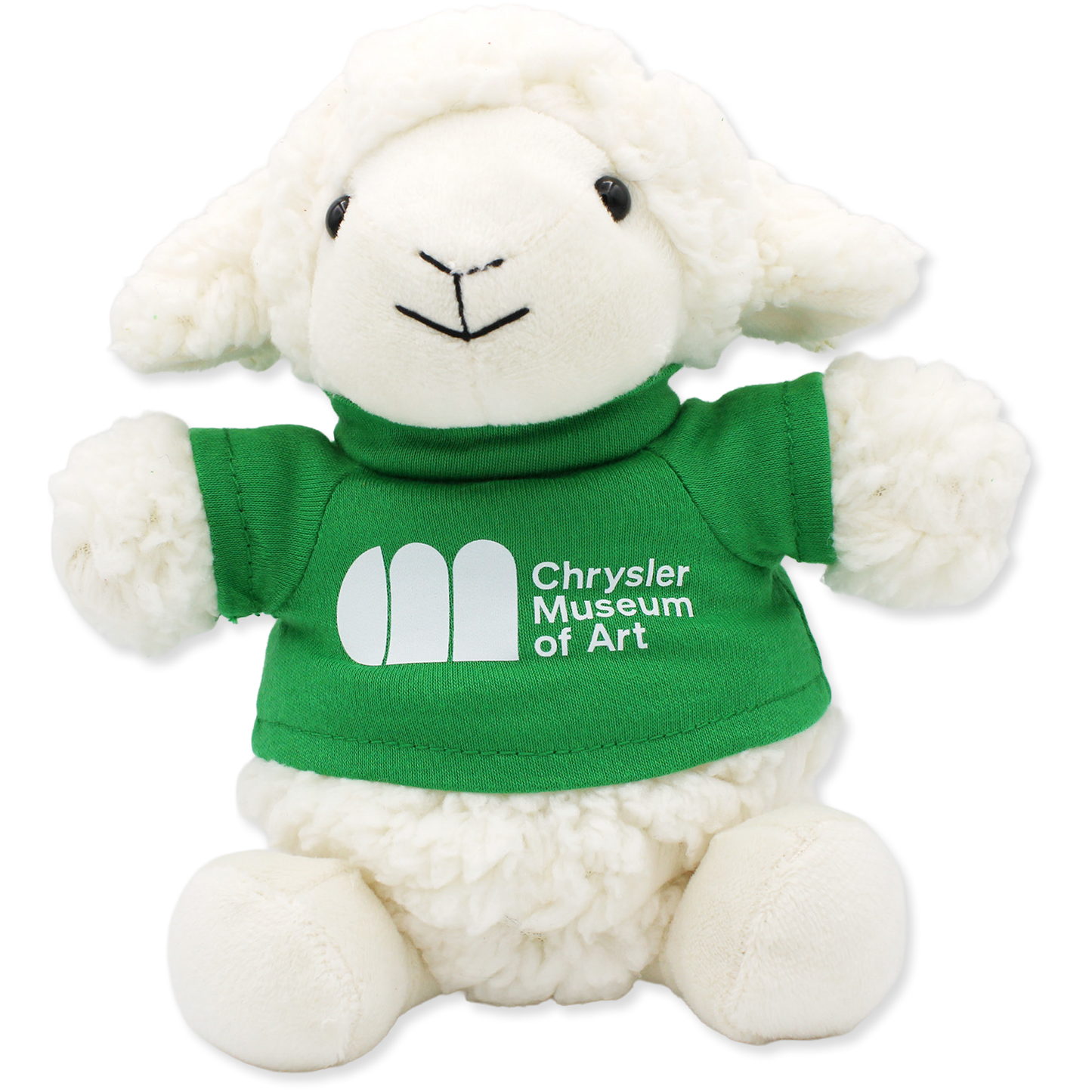 White plush lamb toy wearing a green shirt with 'Chrysler Museum of Art' logo on a white background