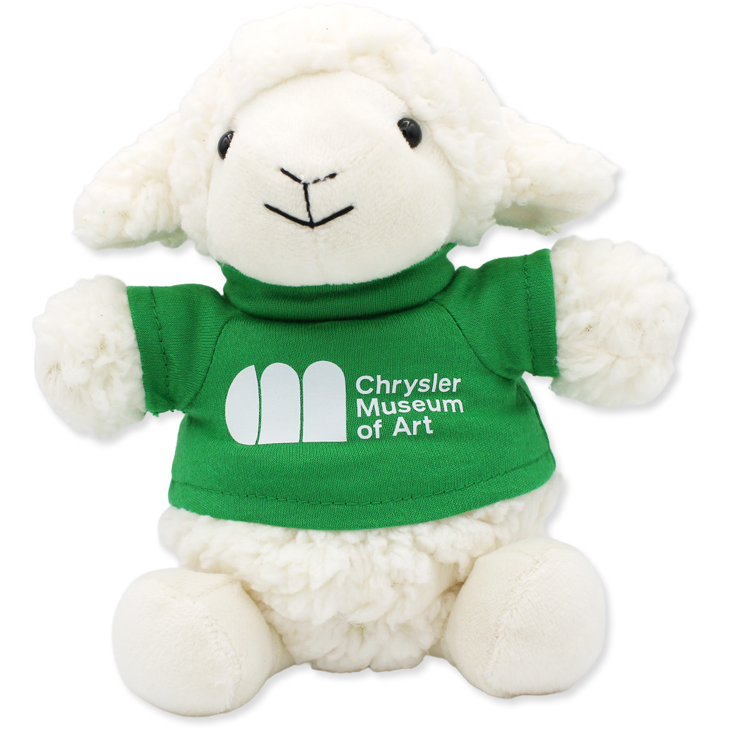 White plush lamb toy wearing a green shirt with 'Chrysler Museum of Art' logo on a white background