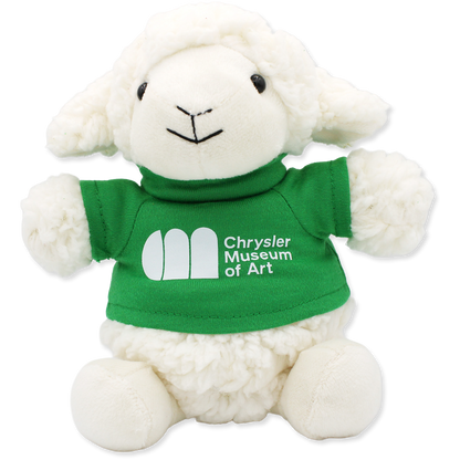 White plush lamb toy wearing a green shirt with 'Chrysler Museum of Art' logo on a white background