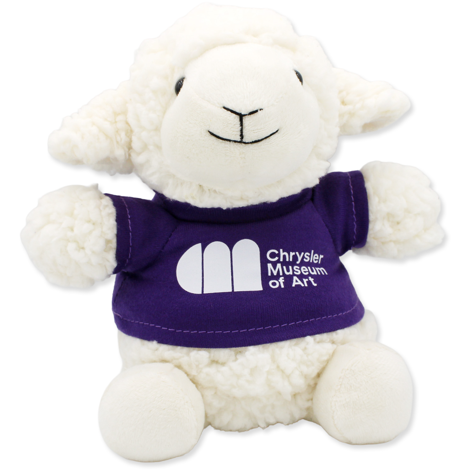 White plush lamb toy wearing a purple shirt with 'Chrysler Museum of Art' logo on a white background