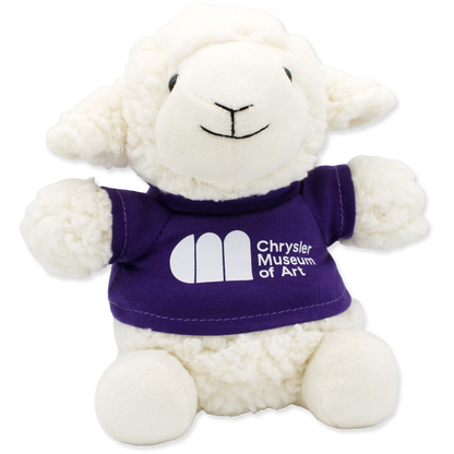 White plush lamb toy wearing a purple shirt with 'Chrysler Museum of Art' logo on a white background