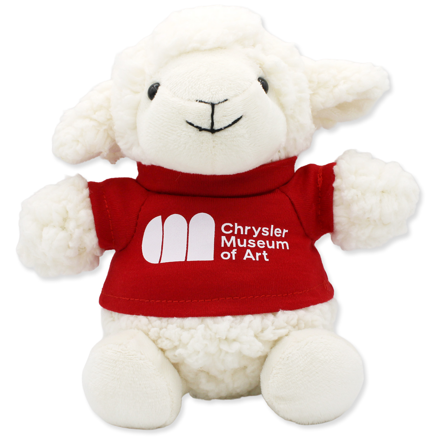 Plush lamb toy wearing a red shirt with 'Chrysler Museum of Art' logo on a white background