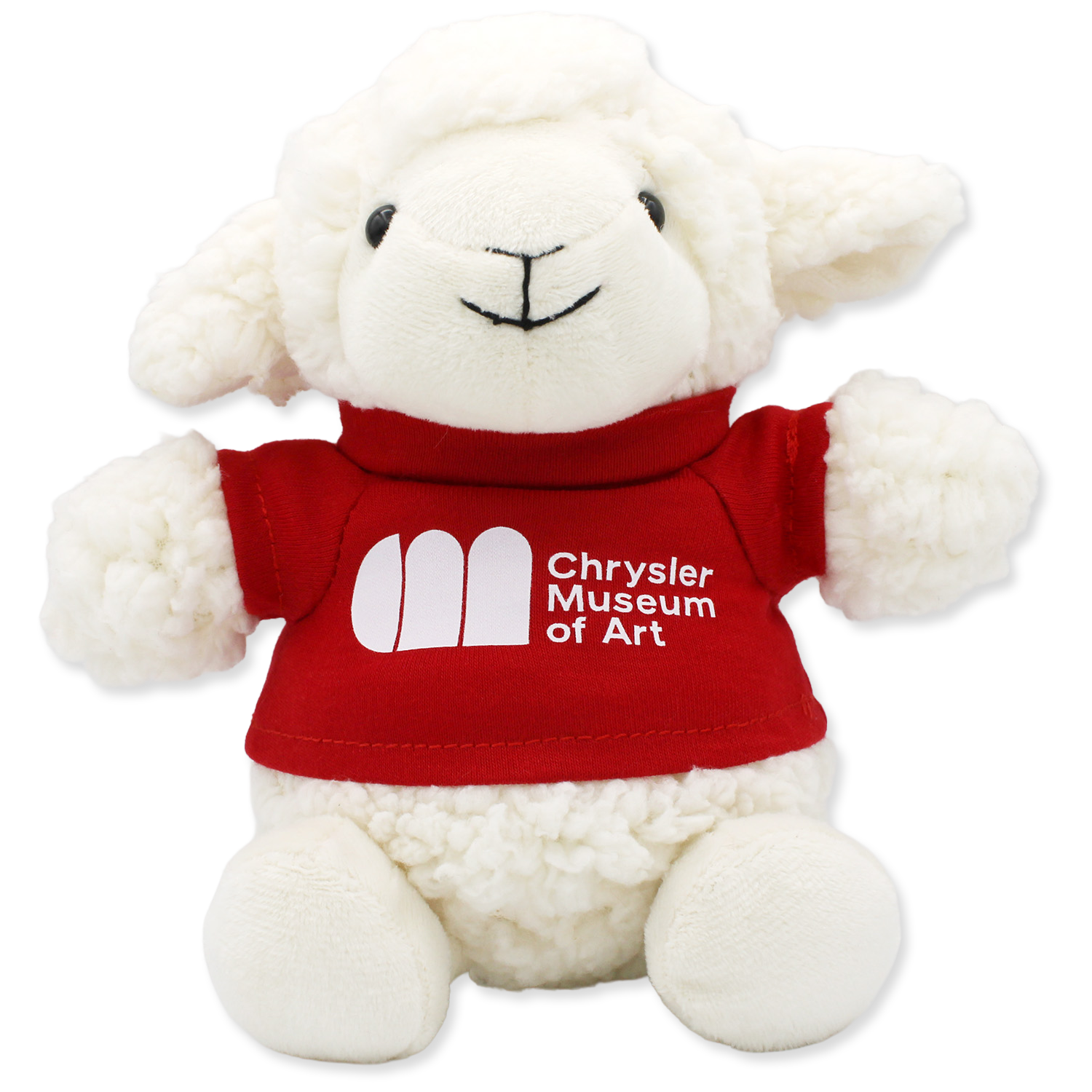 Plush lamb toy wearing a red shirt with 'Chrysler Museum of Art' logo on a white background