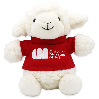 Plush lamb toy wearing a red shirt with 'Chrysler Museum of Art' logo on a white background
