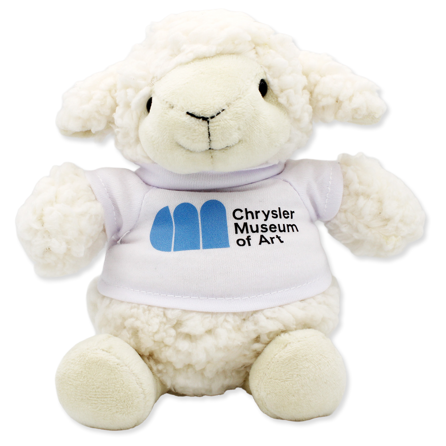 Plush lamb toy wearing a t-shirt with 'Chrysler Museum of Art' logo on a white background