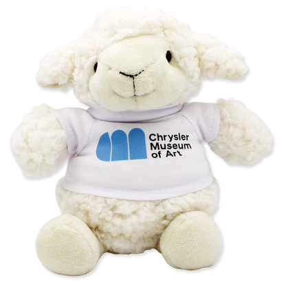 Plush lamb toy wearing a t-shirt with 'Chrysler Museum of Art' logo on a white background