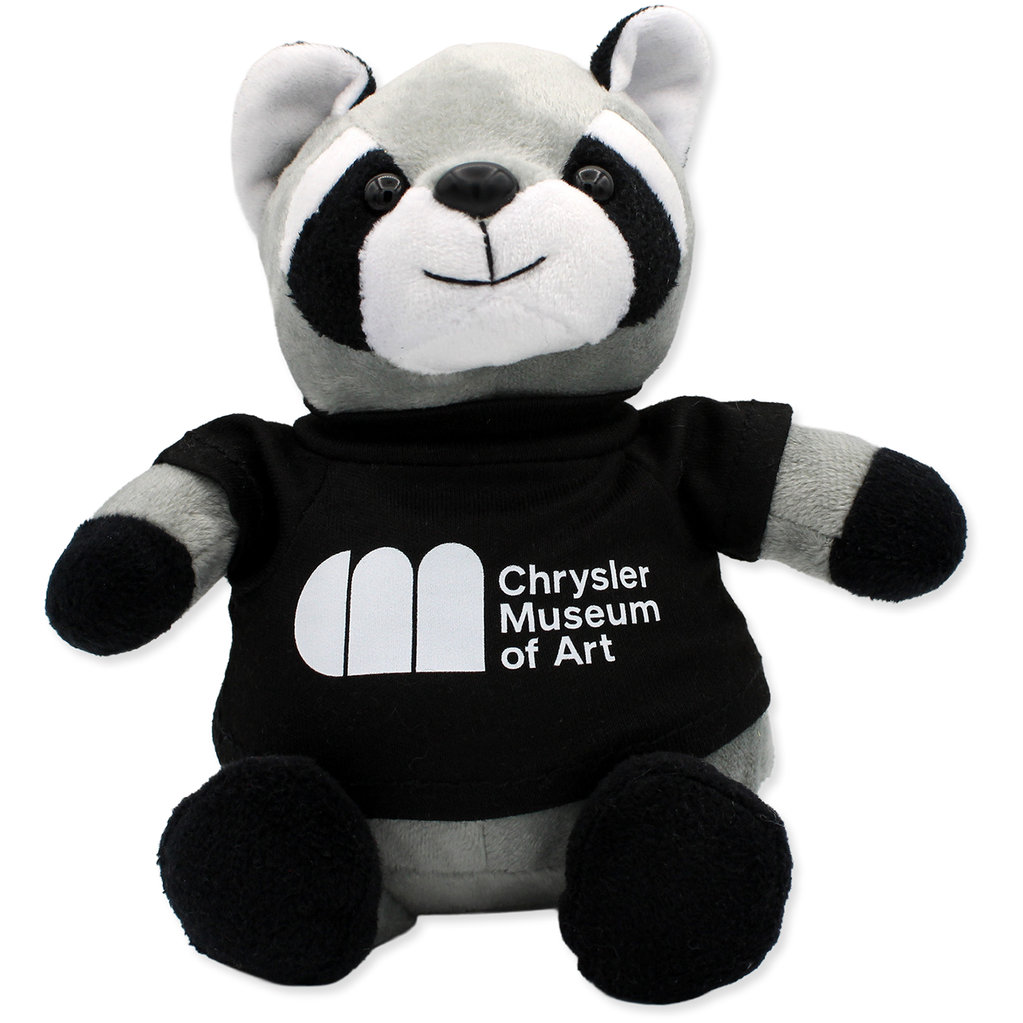 Plush panda bear toy wearing a black shirt with 'Chrysler Museum of Art' logo on a white background