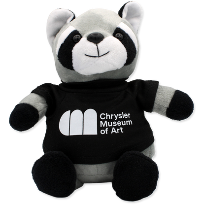 Plush panda bear toy wearing a black shirt with 'Chrysler Museum of Art' logo on a white background