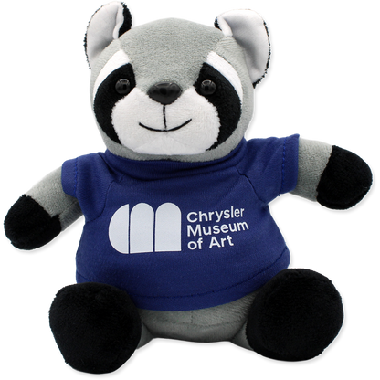 Plush raccoon toy wearing a blue shirt with 'Chrysler Museum of Art' logo on a white background