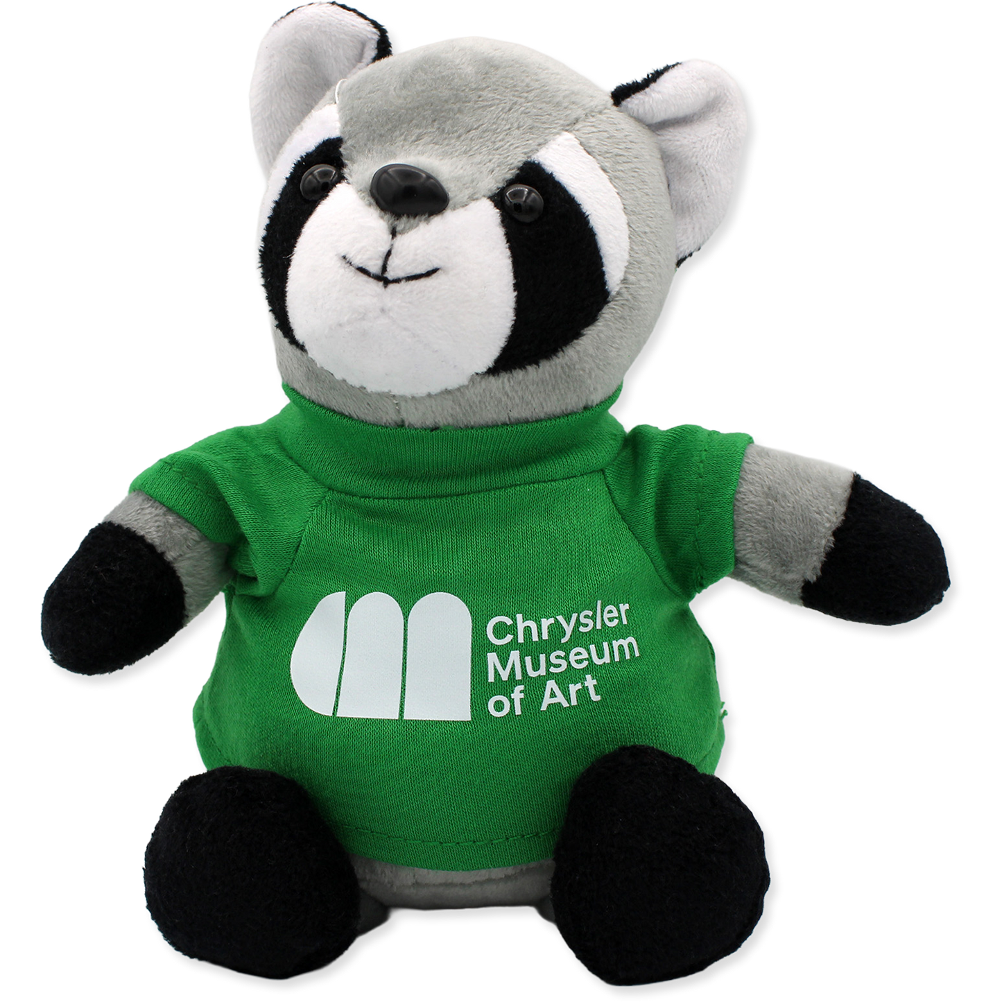 Plush raccoon toy wearing a green shirt with Chrysler Museum of Art logo on a white background