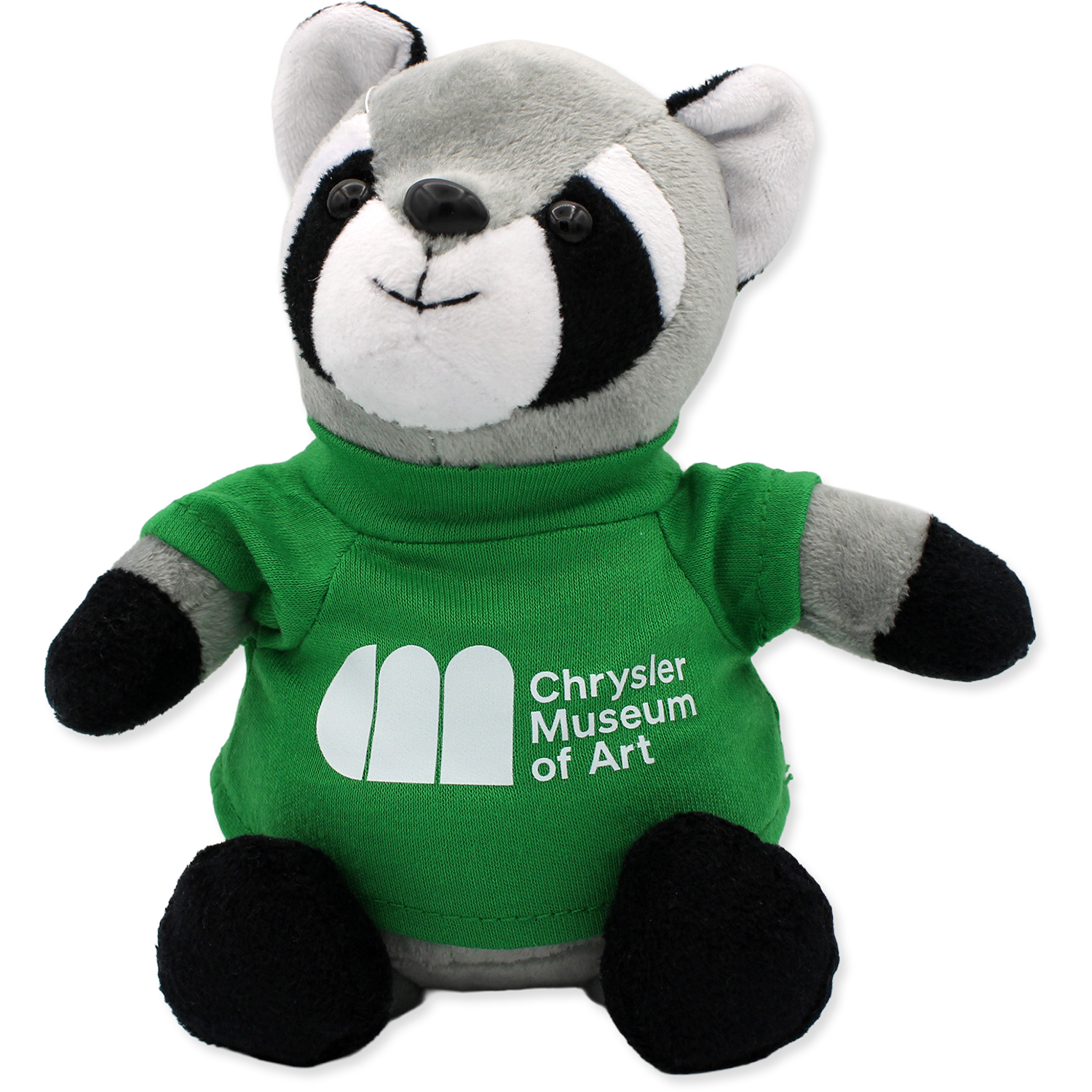 Plush raccoon toy wearing a green shirt with Chrysler Museum of Art logo on a white background